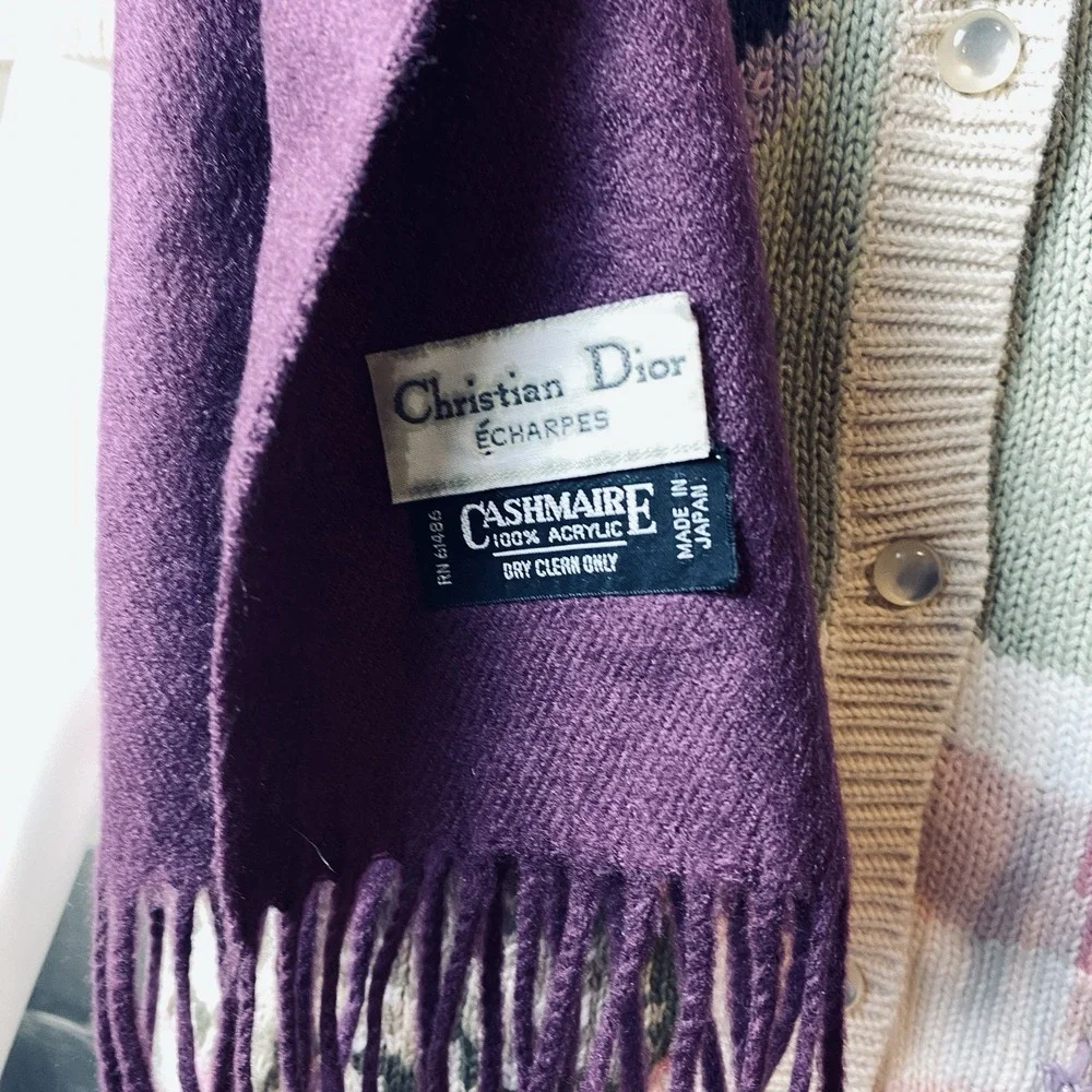 VTG Christian Dior Echarpes Purple Cashmere Feel Fringe Scarf Japan 54.5